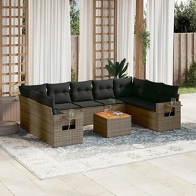 vidaXL 10 pcs conjunto sofás de jardim c/ almofadões vime PE cinzento