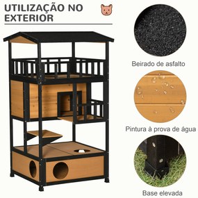 Casa para Gatos de Madeira 75,5x75x137 cm Abrigo para Gatos com Telhado Asfáltico Plataformas e Ninho Natural