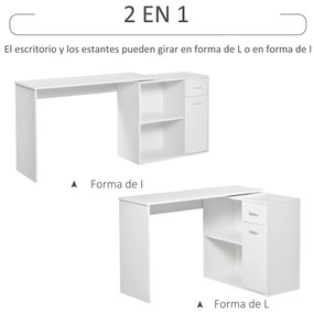 HOMCOM Secretária de Canto Secretária Giratória 180º com 2 Prateleiras 1 Gaveta 1 Armário para Escritório Casa 117x82x74cm Branco
