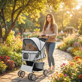 Carrinho de Passeio para Animais de Estimação Dobrável com Cesta de Armazenamento e Travão 77x44x102 cm Cinza