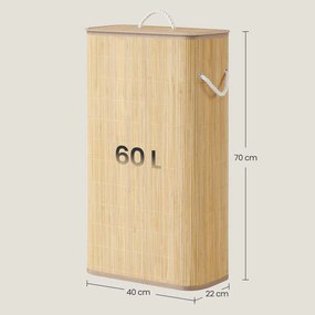 Cesto da roupa suja com tampa, 60 L, cesto de bambu 40 x 22 x 70 cm cor natural
