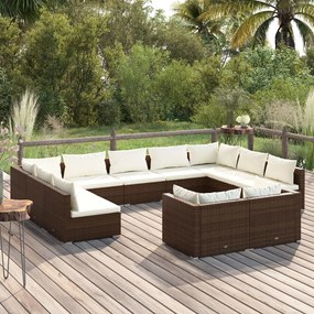 11 pcs conjunto lounge de jardim c/ almofadões vime PE castanho