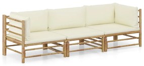 vidaXL 3 pcs conj. lounge p/ jardim em bambu c/ almofadões branco nata