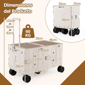 Carrinho utilitário grande com caixas de armazenamento de 2 níveis, 5 rodas, carrinho portátil dobrável para compras, campismo, branco
