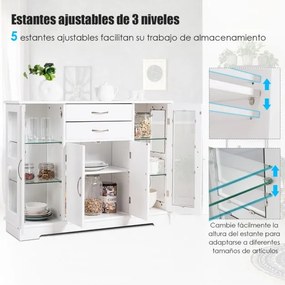Aparador com Portas de Vidro Temperado com 2 Gavetas Organizador de Cozinha para Cozinha Jantar Sala de Estar 107 x 30 x 82 cm Branco