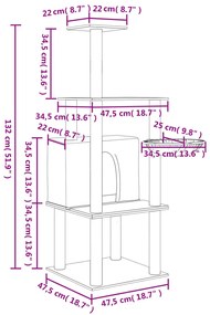 Árvore p/ gatos c/ postes arranhadores sisal 132 cm cinza-claro