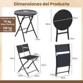 Conjunto de jardim dobrável de 3 peças para exterior com assento respirável e tampo de vidro temperado com estrutura metálica preta