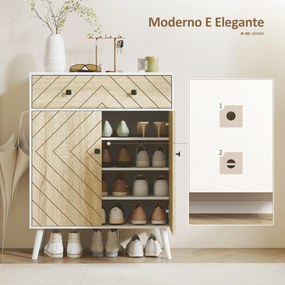 Sapateira de 2 Portas com Design em Espiga Prateleiras Ajustáveis Gaveta para 12 Pares de Sapatos 75x35x97 cm, Branco e Madeira