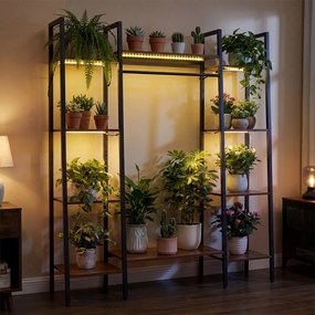 Suporte para plantas 120 x 29 x 141 cm de 10 níveis com iluminação LED ajustável, estrutura metálica, estantes e barra de arrumação para vasos, Castan