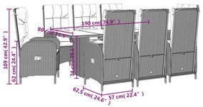 9 pcs conjunto de jantar p/ jardim c/ almofadões vime PE preto