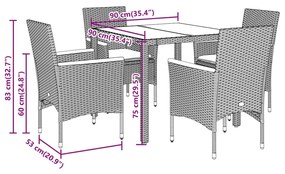 5 pcs conjunto jantar jardim c/ almofadões vime PE/acácia cinza