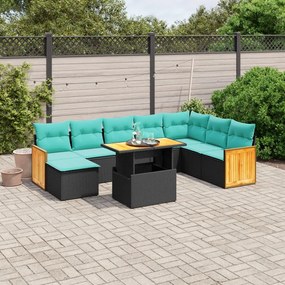 vidaXL 9 pcs conjunto de sofás p/ jardim c/ almofadões vime PE preto