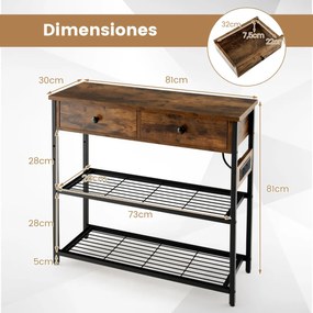 Mesa Consola 81 x 30 x 81 cm Hall de Entrada com Estação de Carregamento e Tomadas USB com Gavetas Prateleiras  para Sofá  Castanho
