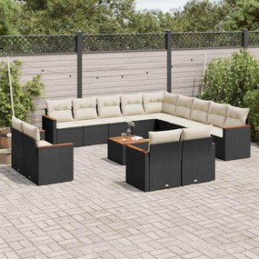 14 pcs conjunto de sofás p/ jardim c/ almofadões vime PE preto