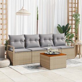 Conjunto de Sofá de Jardim de 5 Peças com Almofadas Bege Vime Poliéste