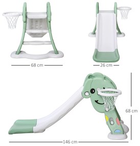 HOMCOM Escorrega infantil para crianças acima de 2 anos com cesta de basquete Interior e exterior carga 25 kg Acessórios incluídos 160x35x68 cm Verde e Branco