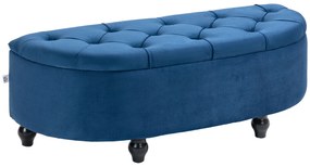 HOMCOM Baú de Armazenamento Pouf 2 em 1 - Pouf Capitonê Meio-Círculo - Pés em Madeira de Seringueira Preta Revestimento em Veludo Azul | Aosom Portugal