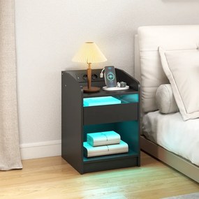 Mesa de Cabeceira com Luzes LED Gaveta 40x40x58 cm com Estação de Carregamento Entrada USB e Controlo Remoto Preta
