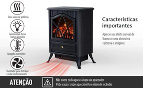 Lareira Eléctrica Móvel tipo Aquecedor de Pé 1000W/2000W – Cor Preto - 41.5x28x54cm