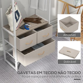 Suporte para Cabides com 3 Gavetas de Tecido Barra para Pendurar e Prateleira para Entrada Quarto 58,5x30x178 cm Natural