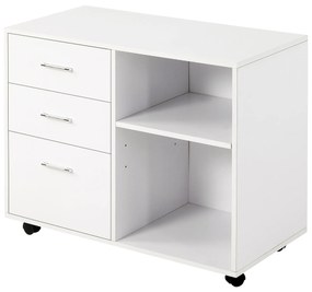 HOMCOM Armário de Escritório para Impressora Multifuncional com 3 Gavetas Prateleira Ajustável e Rodas 80x40x65cm Branco