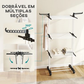 Estendal Dobrável para Roupa com Rodas Estendal Vertical de Aço com 3 Níveis Laterais Dobráveis 73x64x177cm Preto e Branco