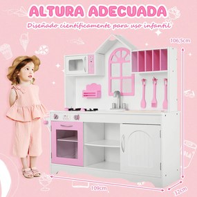 Cozinha infantil com acessórios para utensílios de cozinha 109 x 32 x 106,5 cm rosa e branco