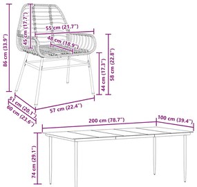 Conjunto jantar jardim 7 peças vidro vime PE castanho