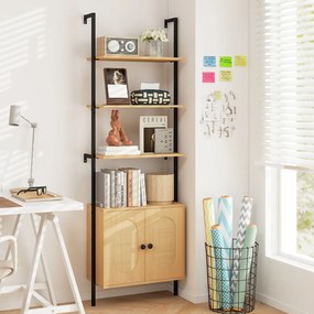 Estante de parede 60 x 30 x 184 cm 3 níveis com armário de rattan, forma de escada para montagem na parede Natural e preto
