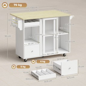Ilha de Cozinha 132,2x74,7x90 cm com Tampo Rebatível Rodas Garrafeira e Portas de Correr em Vidro branco e cor carvalho