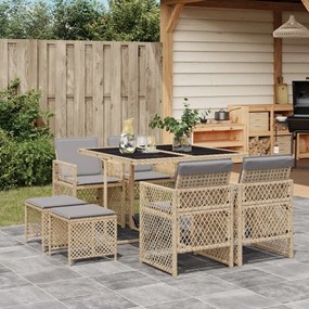 9 pcs conjunto de jantar p/ jardim com almofadões vime PE bege