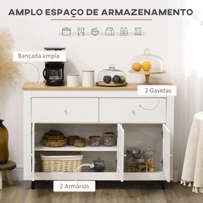 Aparador Móvel Auxiliar de Cozinha com 2 Gavetas 3 Portas e Prateleira Ajustável Móvel de TV de até 50 Polegadas 117x35x80 cm Branco e Madeira