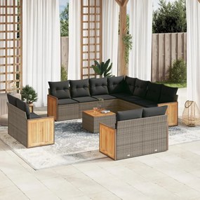 12 pcs conjunto de sofás jardim c/ almofadões vime PE cinzento