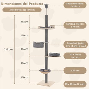 Torre arranhador de madeira para gatos de 5 níveis 236-271 cm com rede aconchegante Cesto Cama Cinzento