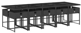 11 pcs conjunto de jantar p/ jardim c/ almofadões vime PE preto
