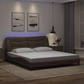 Estrutura cama c/ luzes LED 180x200cm couro artificial castanho
