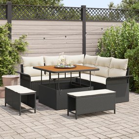 Conjunto de Sofá de Jardim de 8 Peças com Almofadas Preto Rattan Poliéster Acácia