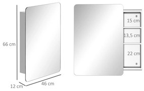 kleankin Armário de Casa de Banho com Espelho Móvel Auxiliar de Parede com Porta de Correr e 3 Prateleiras de Armazenamento para Sala de Estar Cozinha Dormitório 46x12x66cm Prata
