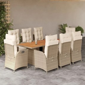 vidaXL 9 pcs conjunto de jantar p/ jardim com almofadões vime PE bege