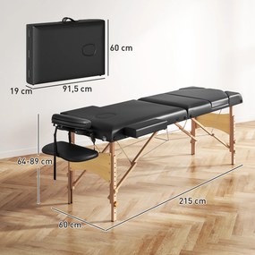 Marquesa de Massagem Dobrável Portátil com Altura Ajustável Apoio de Cabeça Apoios de Braço Acolchoados 215x60x64-89 cm Preto