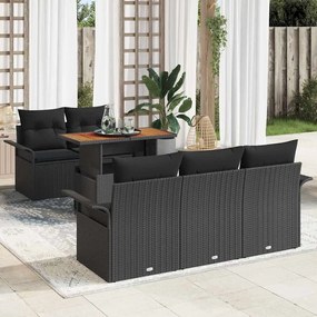 vidaXL Sofá de Jardim 6 peças com almofadas pretas em rattan sintético de acácia.