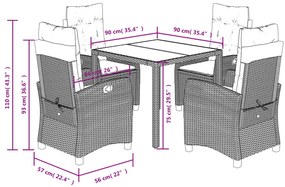 5 pcs conjunto de jantar p/ jardim c/ almofadões vime PE cinza