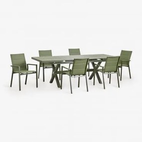 Conjunto De Mesa De Jardim Retangular Extensível 180-240x90 Cm E 6 Cadeiras De Jardim Empilháveis Com Apoios De Braços Em Alumín Verde Azeitona Intens