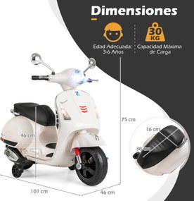 Mota elétrica para crianças 12V com motor duplo e 4 rodas Música Buzina para crianças de 3 a 6 anos Branco
