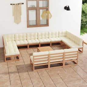 vidaXL 14 pcs conj. lounge jardim almofadões pinho maciço castanho mel