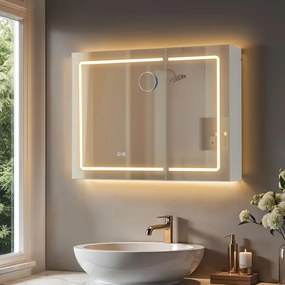 Armário com espelho, iluminação LED e estação de carregamento 16,5 x 80 x 60 cm Branco