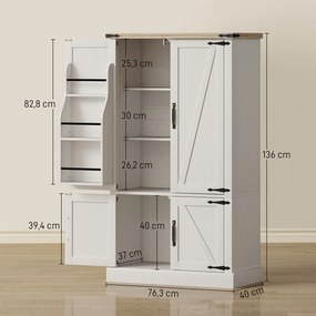 Armário de cozinha com 4 portas 76,3 x 40 x 136 cm, 6 suportes para especiarias e prateleiras ajustáveis, branco