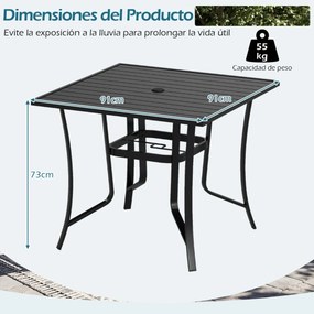 Mesa quadrada de jardim para 4 pessoas com orifício para guarda-sol 91 x 91 x 73 cm, estrutura ajustável em metal, tampo em ripas, ideal para varandas