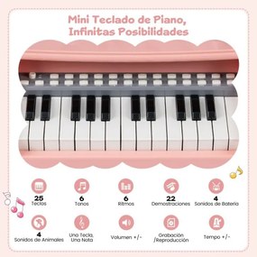 Piano de 25 teclas para crianças com atril e microfone Brinquedo educativo para aprendizagem precoce 3+ anos 45 x 17,5 x 32,5 cm Rosa