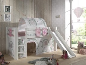 Conjunto Cama alta de Criança PINO 90 x 200 cm + estrado + escada + escorrega + cortina + 3 bolsas + túnel Pássaros branca